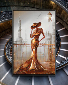 “Woman In Gold” by Raen shows the backside of a woman wearing a gold dress standing against a gold railing that overlooks.