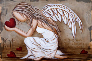 “Beauty Shines Brighter” by Rut Art Creations shows a faceless angel crouching over while holding a red heart in her hands and the words "No beauty shines brighter than that of a pure heart" in the background.
