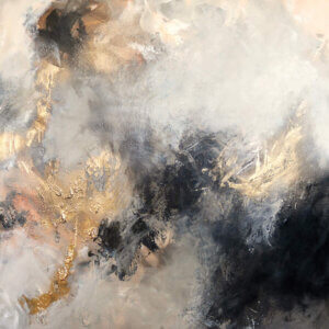 “Parched” by Sana Jamlaney shows gold, white, and black cloud-like figures.