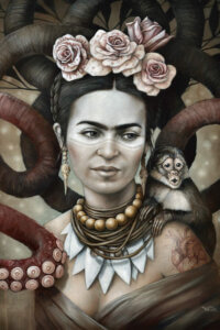 Illustration of Frida Kahlo wearing a flower crown, tribal makeup and jewelry, with a human heart tattoo on her shoulder, with a monkey on her shoulder and surrounded by octopus tentacles