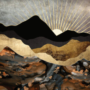 “Copper And Gold Mountains” by SpaceFrog Designs shows the sun peeking over black, gold, and copper mountains.