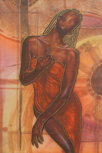 Image of a black woman with long, dark braids and legs crossed wearing a dark orange strapless dress against a yellow, pink, red, orange, and brown textured background