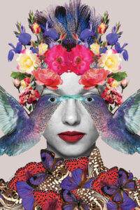 “Billie Sings” by Ana Paula Hoppe shows a person’s face with two birds over their eyes and flowers and butterflies covering their head and neck.