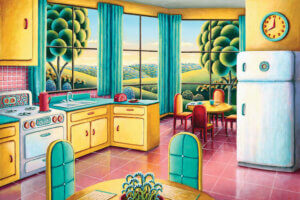 “Sunday Morning” by Andy Russell shows a sun-filled kitchen with yellow cabinets, blue curtains, and a large window with trees and flowering hills in view.