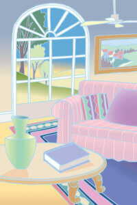 “Morning” by Bigelow Illustrations shows the interior of a living room featuring a pink couch, wood coffee table, white ceiling fan, and a large arched window.