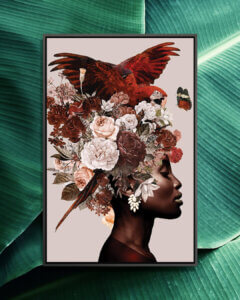 “Woman With Flower I” by Danilo de Alexandria shows the profile of a woman with a large floral arrangement on her head and a red parrot flapping its wings on top of it.
