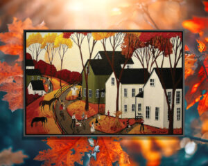 “Early Halloween” by Debbie Criswell shows people outside trick or treating next to horses and white houses under red, yellow, and orange trees.