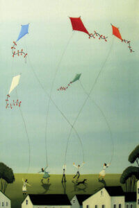 “Five Kites Flying” by Debbie Criswell shows children flying different colored kites above houses in the clear, blue sky.