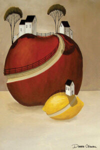 “In A Dream” by Debbie Criswell shows a lemon and an apple with houses on top of them and cut out pieces as the driveways.