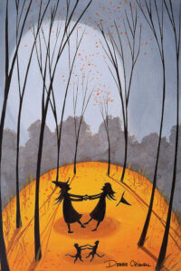 “Merry Go Round Witches” by Debbie Criswell shows two witches holding hands in the woods with two cats in front of them.