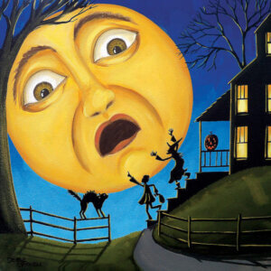 “Scare The Moon” by Debbie Criswell shows a large, yellow moon with a scared expression gazing at a child, witch, and cat.