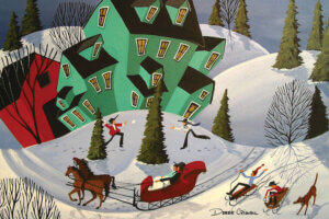 “Sleigh Ride” by Debbie Criswell shows a man in a red horse-drawn carriage with kids riding sleds and throwing snowballs in the background.