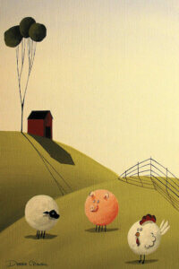 “The Breakfast Club” by Debbie Criswell shows a sheep, pig, and chicken standing in the grass with a red barn in the background.