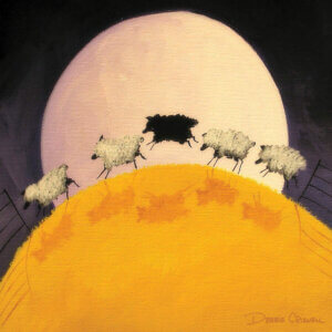 “There’s One In Every Crows” by Debbie Criswell shows five sheep in a row in yellow grow with the large moon in the background.