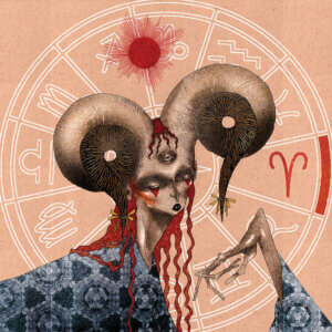 “Aries” by DEMÖ shows a ram-like person with red hair and a blue cape standing in front of a zodiac wheel.
