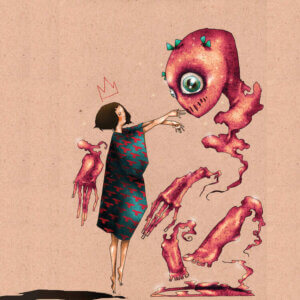 “Conjuring A Best Friend” by DEMÖ shows a person wearing a red and blue dress extending their arms out to a pink alien-like creature with bulging blue eyes.