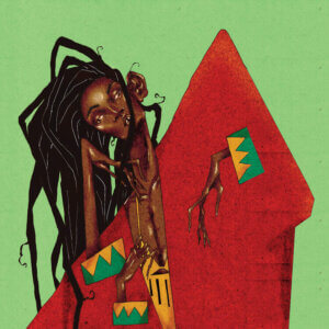 “Jamaican” by DEMÖ shows a person with dreads wearing a red top with yellow and green prints on the sleeve.