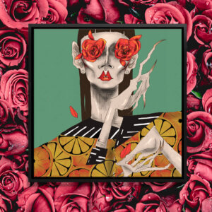 “Rose Eyes” by DEMÖ shows a person with distorted hands with red roses over their eyes.