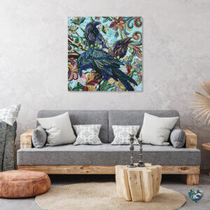 “3 Birds” by Ebova shows three blue birds with ruffled feathers surrounded by flowers, created from numerous small dots.