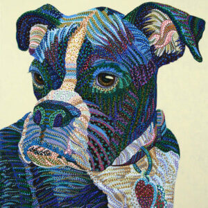 “Boxer Portrait” by Ebova shows a blue, green, and purple colored boxer wearing a heart-shaped tag from its collar, created from numerous dots and lines.