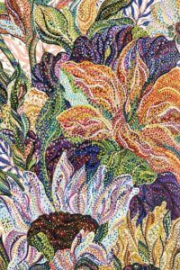 “Erubescens” by Ebova shows orange, yellow, and purple flowers surrounded by green leaves, created from numerous dots and lines.