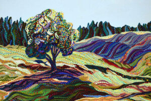 “Greengrass” by Ebova shows a tree in an open field, created from numerous dots and lines.