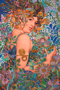 “Harmony” by Ebova shows a woman surrounded by multicolored flowers and plants created from numerous small dots.
