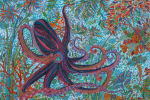 “Octopus” by Ebova shows a purple and blue octopus swimming through colorful plants under the sea created from numerous small dots.