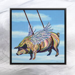 “Pig” by Ebova shows a pig with wings created from numerous small colorful dots that's being carried by ropes into a cloudy blue sky.