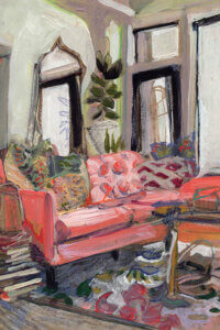 “August 22” by Erika Stearly shows the interior of a living room featuring a pink couch with a stack of books beside it and plants in the background.