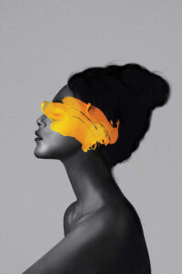 “Rebel Girl VIII” by Henrique Nobrega shows a black and white profile of a woman with a pop of yellow paint covering her eyes.