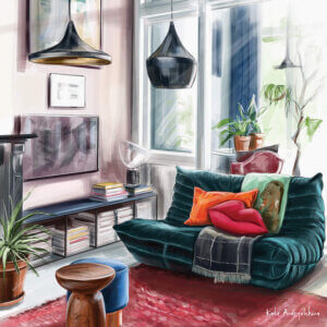 "Spring in a House" by Kate Andryukhina shows a room with a dark green sofa, orange and red throw pillows, and indoor plants in a sunny living room