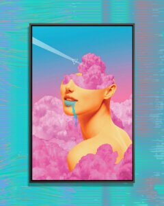 “Lucy” by maysgrafx shows half of a human face engulfed in pink clouds.