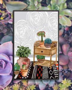 “Desert Weavers II” by Melissa Wang shows a wooden side table on a black and red rug surrounded by potted cacti with gray, floral wallpaper.