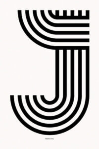 “J Geometric Letter” by Reign & Hail shows five black, curved lines forming the letter J against a white background.