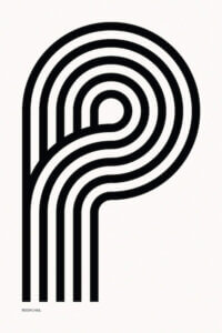 “P Geometric Letter” by Reign & Hail shows five black, curved lines forming the letter P against a white background.