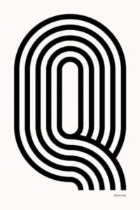 “Q Geometric Letter” by Reign & Hail shows five black, curved lines forming the letter Q against a white background.