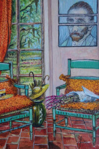 “The Colors Of Vincent” by Sinisa Saratlic shows the interior of a living room with a brick floor, two teal wicker chairs, and a three-piece portrait of Vincent van Gogh in the background.
