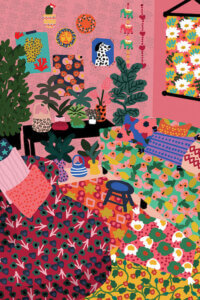 “Welcome To My Living Room” by Studio Grand-Père shows the interior of a living room with pink walls, house plants, and numerous brightly colored patterns across the floor and seating.
