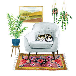 “Homebody II” by Victoria Borges shows a cat sleeping on a gray chair that's placed on a colorful rug, with house plants and a framed picture in the background.