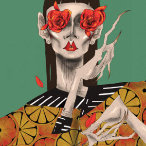 “Rose Eyes” by DEMÖ shows a person with distorted hands with red roses over their eyes.