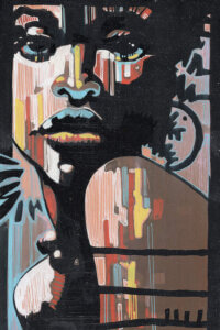 “Jazz In The Dark” by Fernan Mora shows a portrait of a woman with splashes of black, red, yellow, white, and blue lines across her face and shoulders.