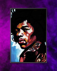 “Jimmi” by Fernan Mora shows a multicolored portrait of Jimi Hendrix.