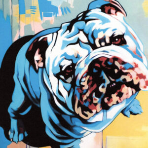 “Obedient” by Fernan Mora shows a bulldog against a pink, blue, yellow, and green background.