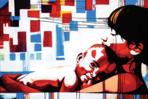 “Sacred” by Fernan Mora shows a woman holding a baby to her chest with blue, red, and black shapes in the background.