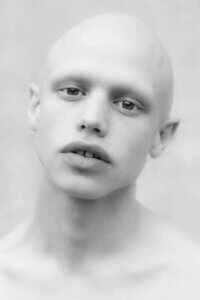 "Bice" by Gregory Prescott shows a portrait photograph of a pale man with a bald head against a soft white background