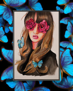 “Girl Flower Eyes Paint” by Lostanaw shows a girl with pink roses covering her eyes and blue butterflies in her brown hair.