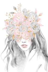 “Rose Gold Flower Girl” by Nature Magick shows a girl with a bouquet of pink, gold, and gray flowers over her eyes