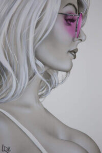 “Rose Colored Glasses” by Scott Rohlfs shows a black and white profile of a woman wearing pink sunglasses with her cleavage exposed.
