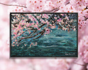 “Cherry Blossom Over Water” by Vian Borchert shows pink cherry blossom trees over a blue sea.